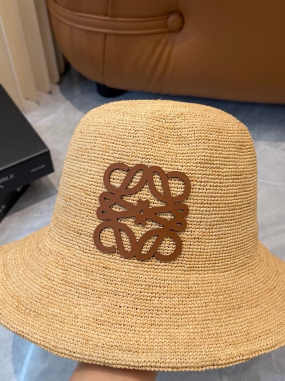 LOEWE Anagram Raffia Bucket Hat Straw Tan Leather Logo Sun Hat